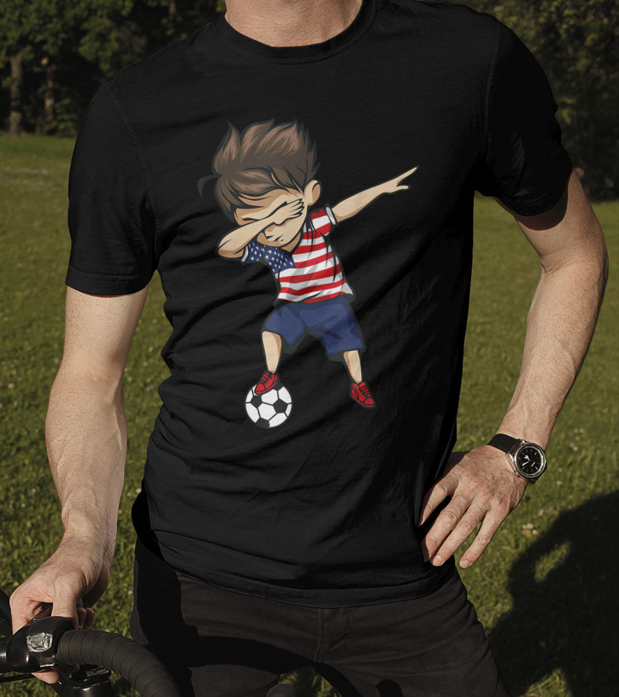 Dabbing Soccer Boy In American Flag Jersey With Soccer Ball T-Shirt
