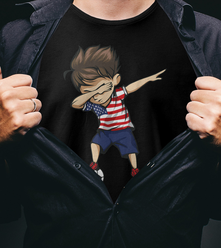 Dabbing Soccer Boy In American Flag Jersey With Soccer Ball T-Shirt