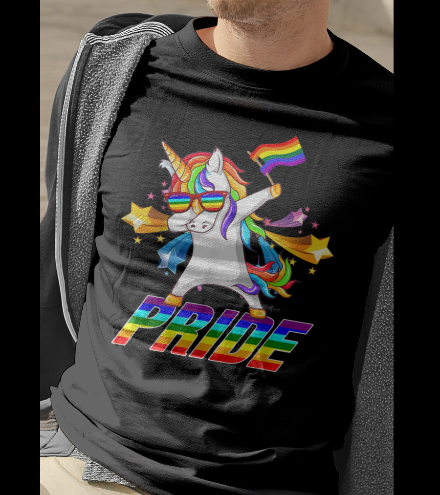 Dabbing Unicorn Rainbow Pride With Stars And Flag T-Shirt