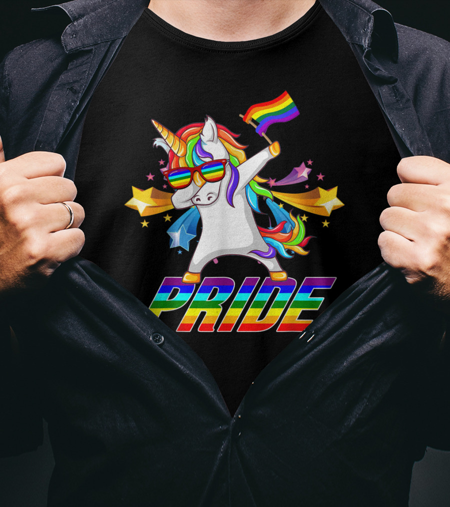Dabbing Unicorn Rainbow Pride With Stars And Flag T-Shirt