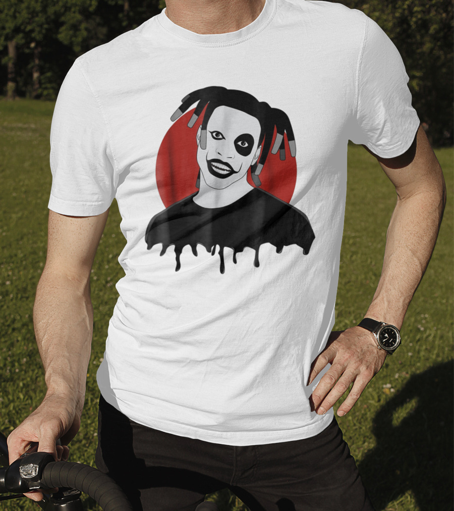 Denzel Curry Smiling Monochrome Portrait With Dreadlocks And Red Circle Background T-Shirt