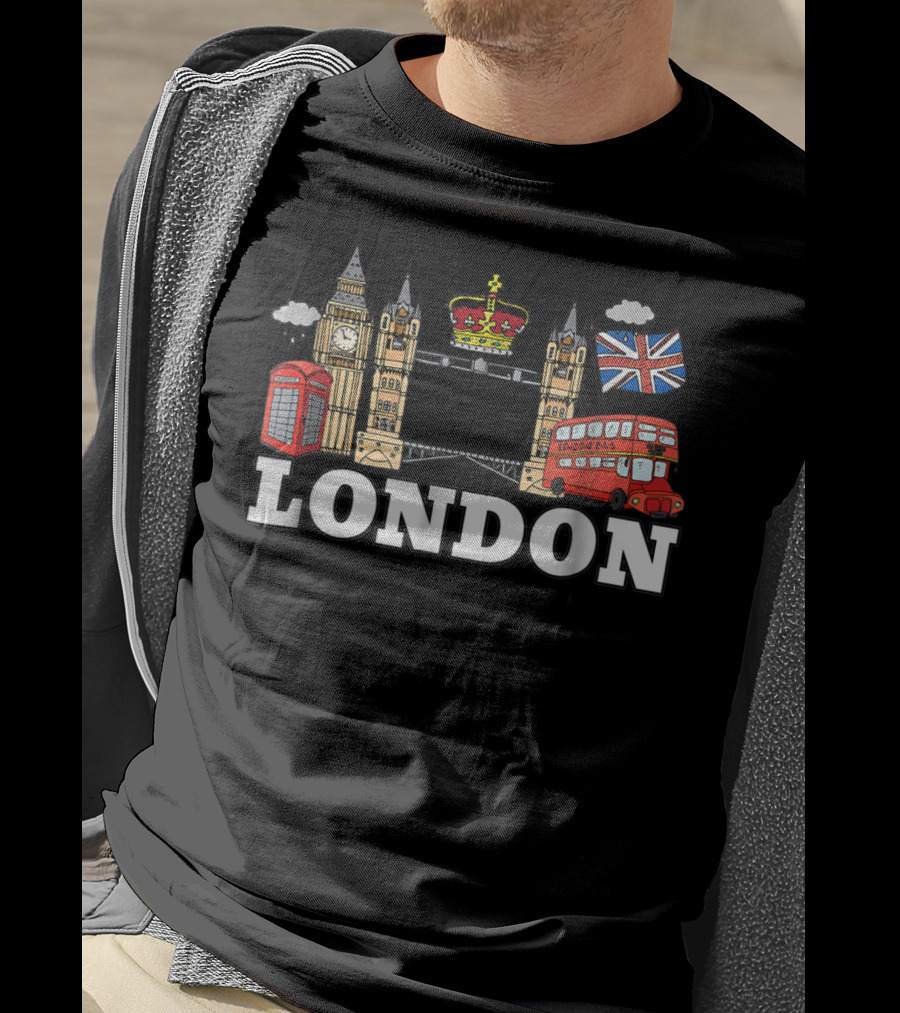 Big Ben Tower Bridge Crown London Bus Phone Box Union Jack Cloud T-Shirt