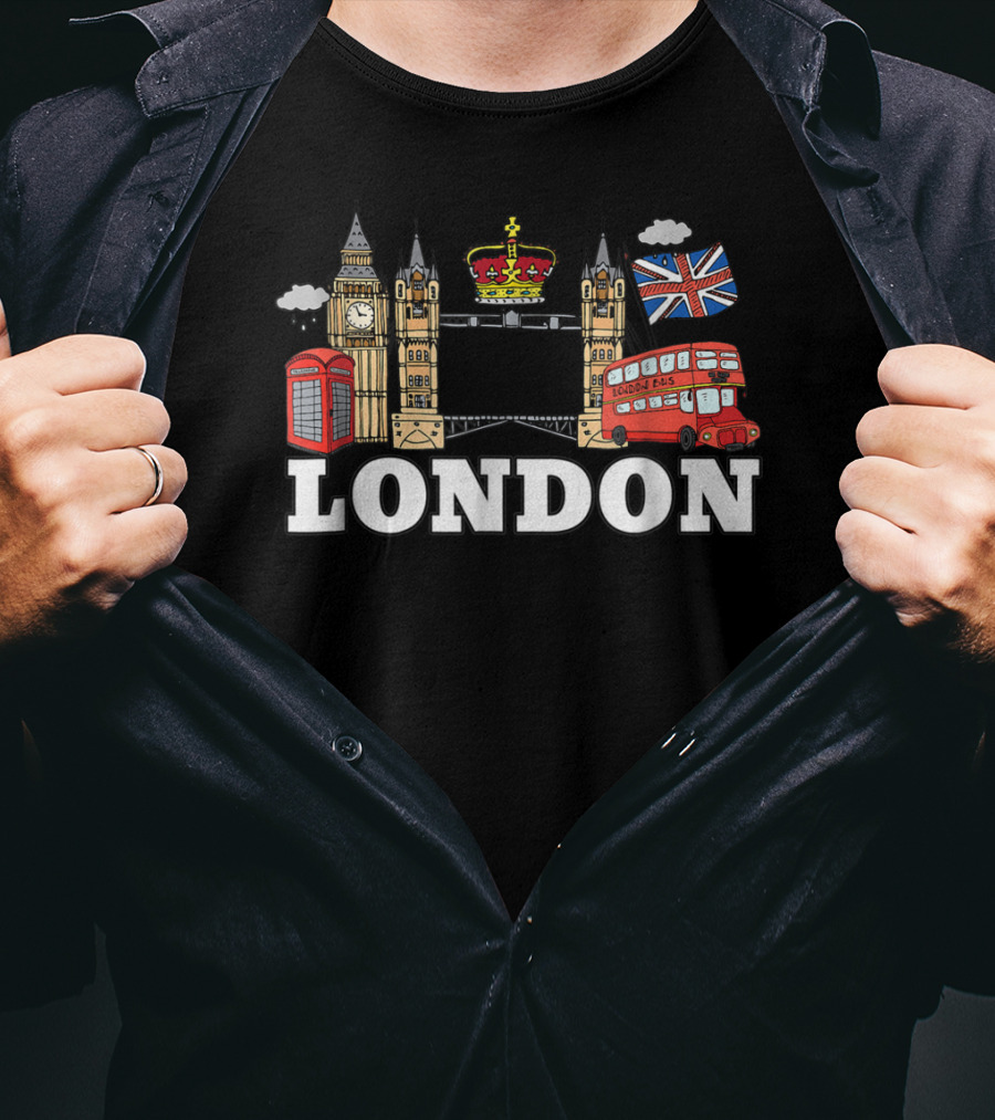 Big Ben Tower Bridge Crown London Bus Phone Box Union Jack Cloud T-Shirt