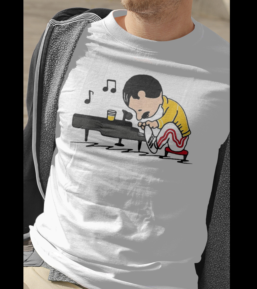 Freddie Peanuts Character Playing Piano With Yellow Jacket And Red Striped Pants T-Shirt