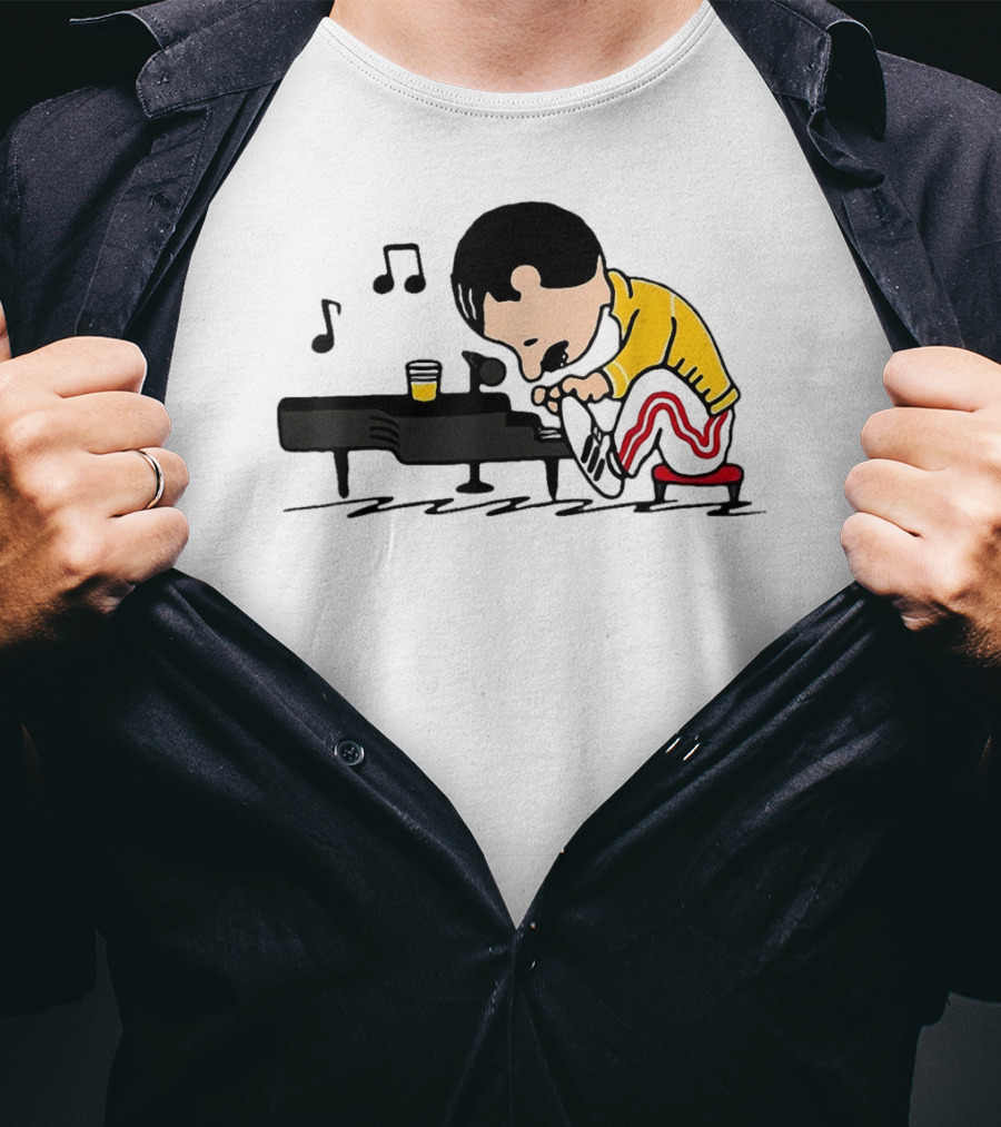 Freddie Peanuts Character Playing Piano With Yellow Jacket And Red Striped Pants T-Shirt