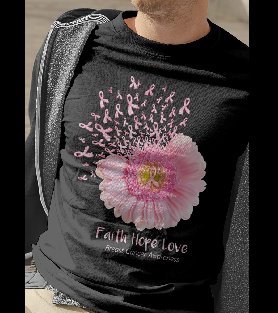 Faith Hope Love Breast Cancer Awareness Pink Ribbon Flower Explosion T-Shirt