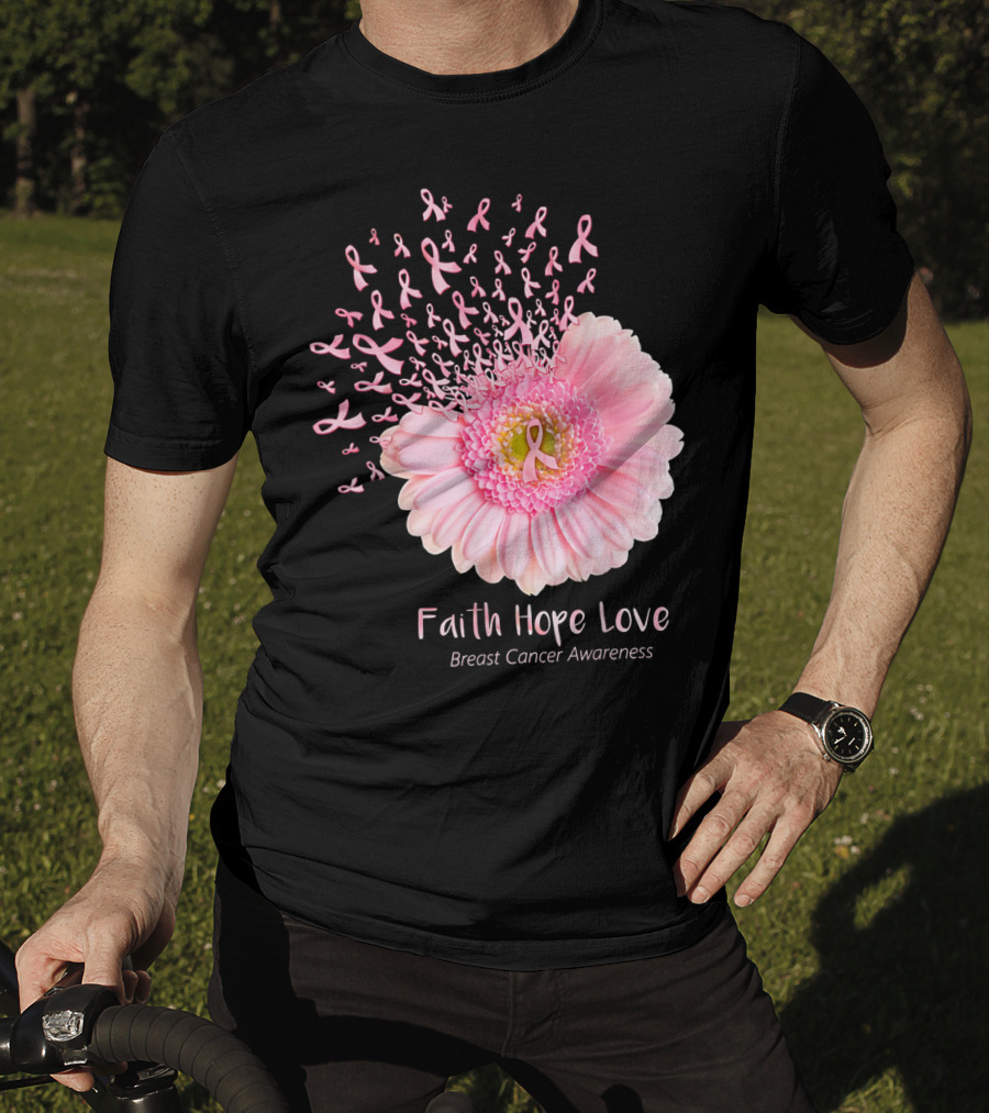 Faith Hope Love Breast Cancer Awareness Pink Ribbon Flower Explosion T-Shirt
