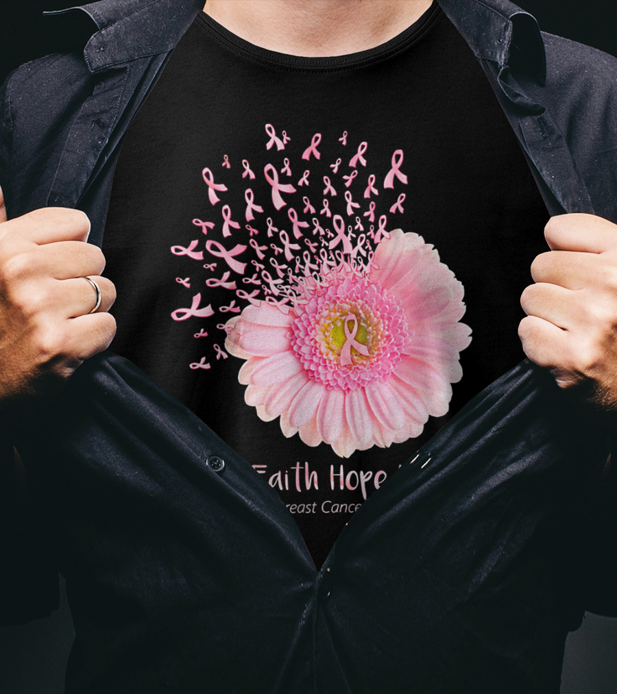 Faith Hope Love Breast Cancer Awareness Pink Ribbon Flower Explosion T-Shirt