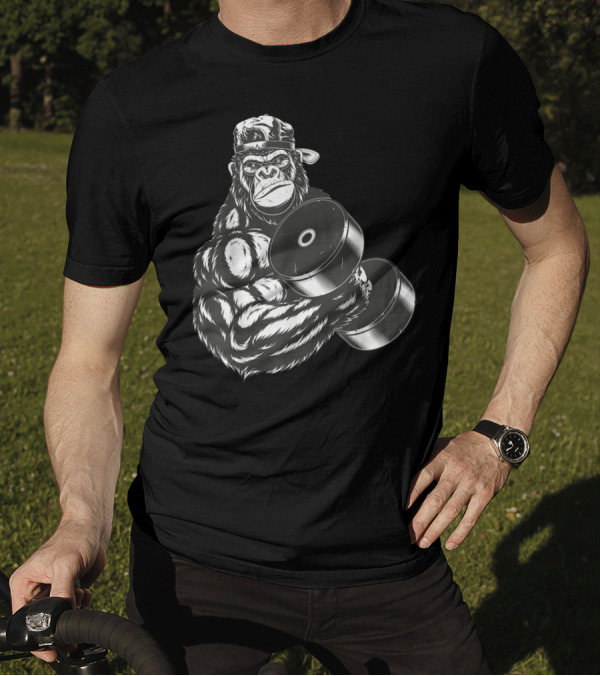Ferocious Gorilla Bodybuilder Lifting Large Dumbbell In Cap T-Shirt