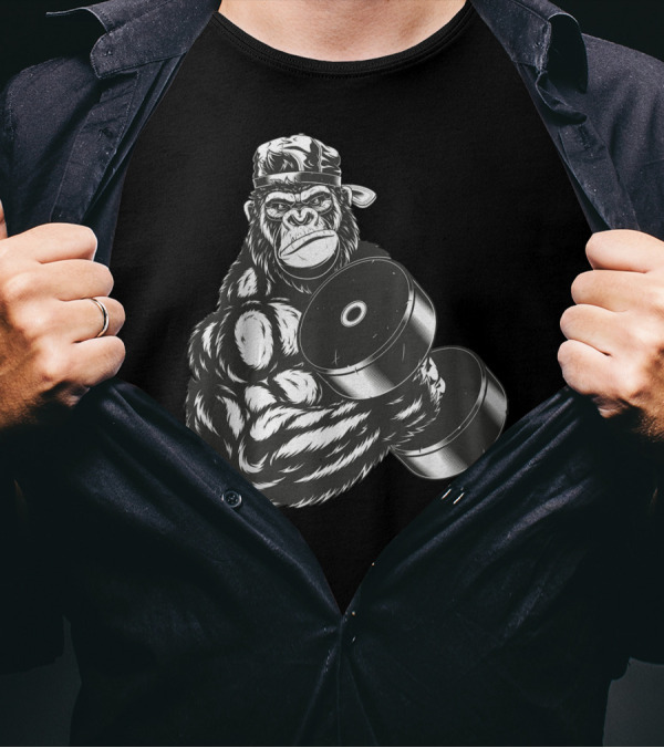 Ferocious Gorilla Bodybuilder Lifting Large Dumbbell In Cap T-Shirt
