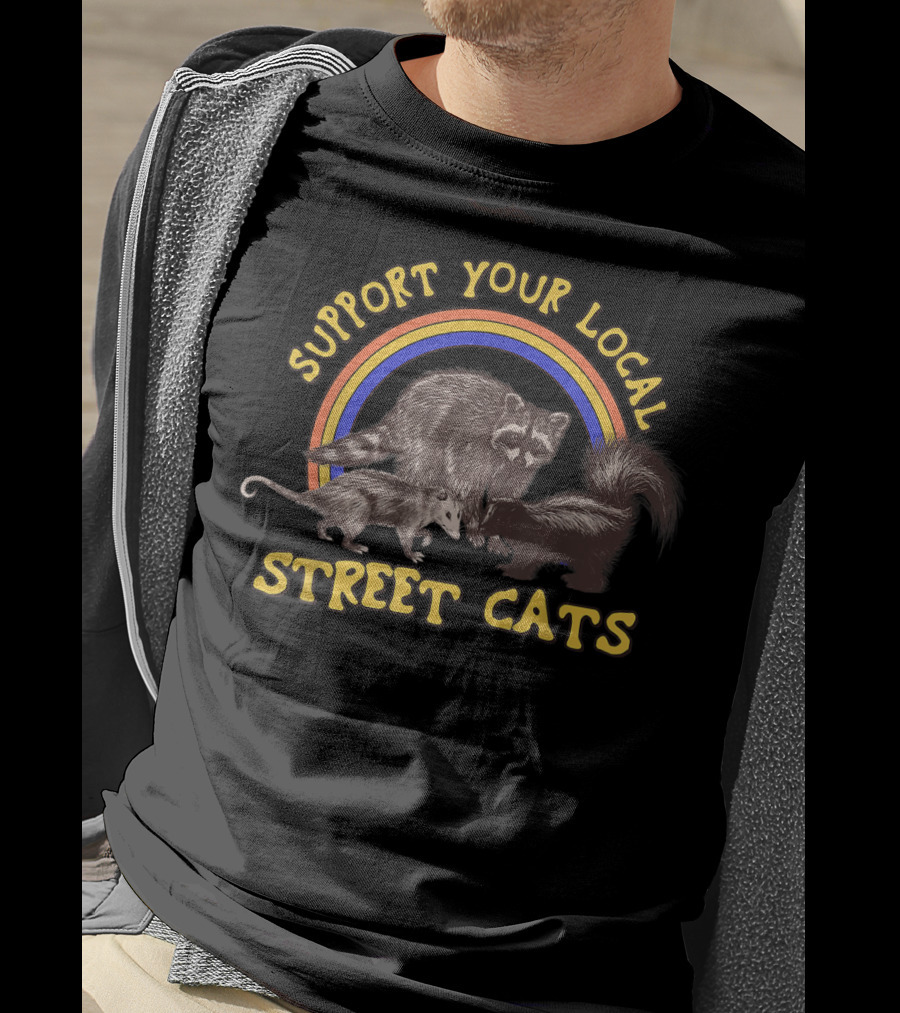 Support Your Local Street Cats Funny Raccoon Rainbow Trio T-Shirt