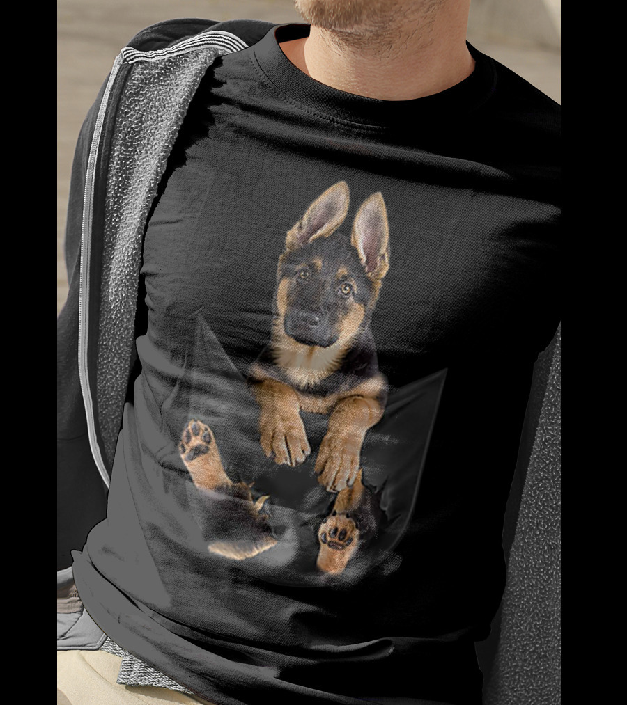 German Shepherd Puppy Paws Tearing Through Black Pocket T-Shirt