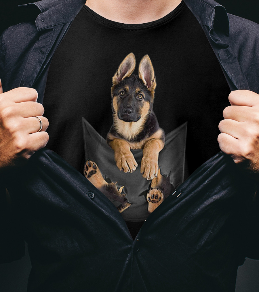 German Shepherd Puppy Paws Tearing Through Black Pocket T-Shirt