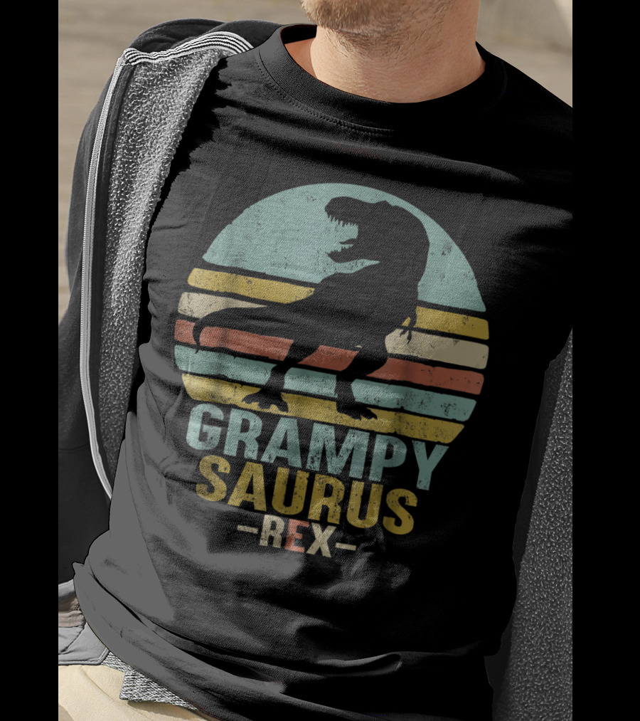 Grampysaurus Rex Funny Dinosaur Retro Sunset Stripes Grampy Sau T-Shirt