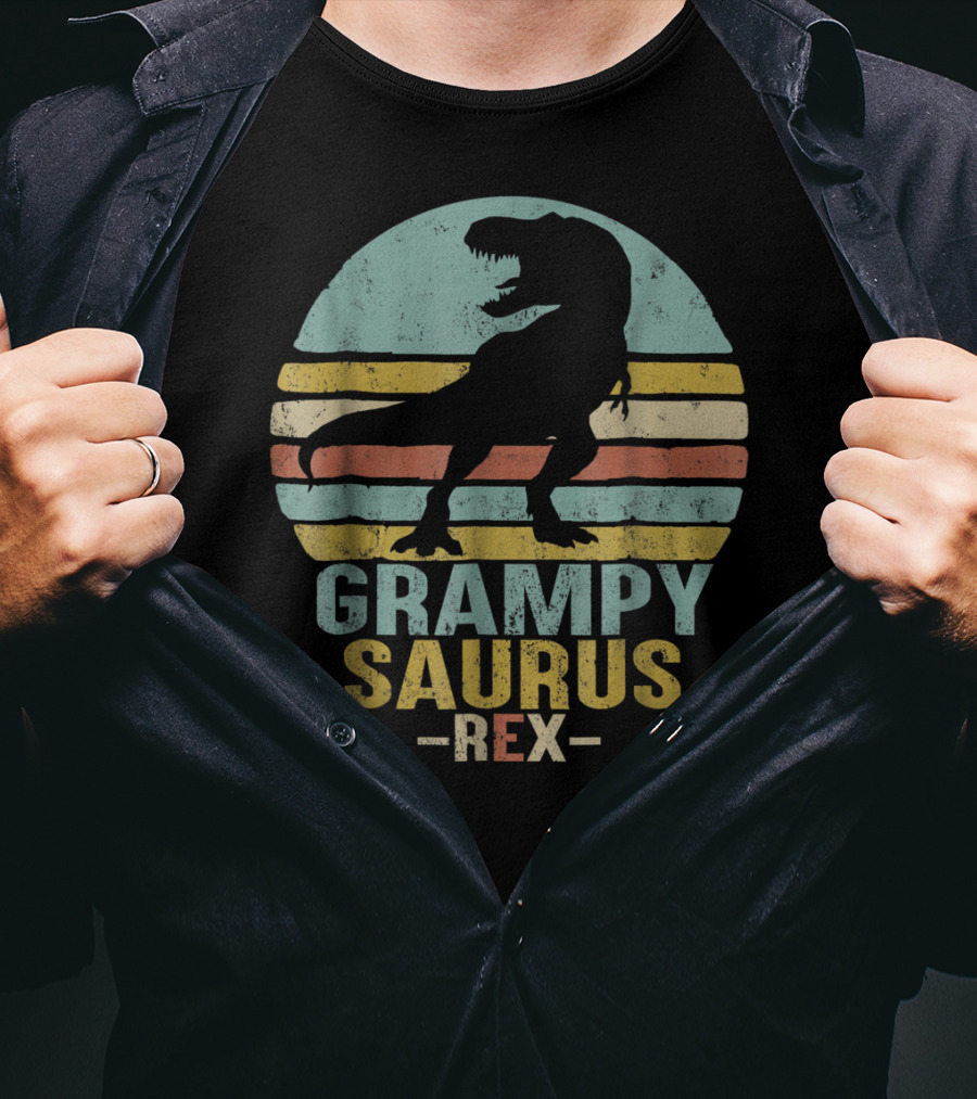 Grampysaurus Rex Funny Dinosaur Retro Sunset Stripes Grampy Sau T-Shirt