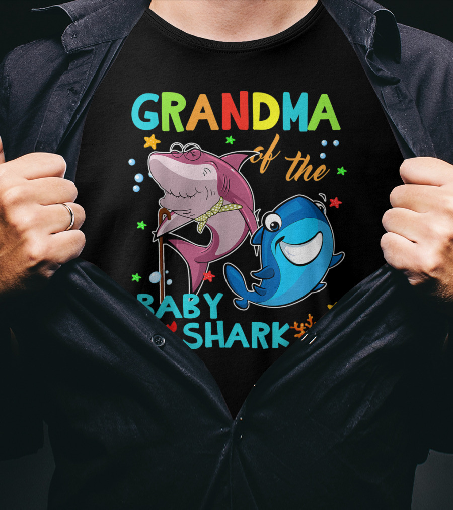 Grandma Of The Baby Shark With Colorful Cartoon Sharks And Sea Creatures T-Shirt