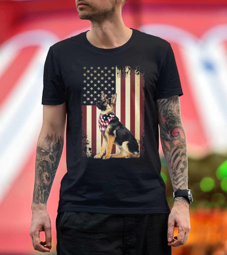German Shepherd with American Flag Bandana in Front of Stars and Stripes Flag T-Shirt