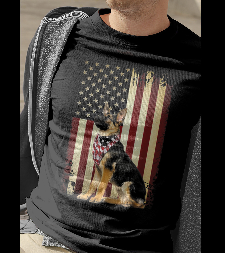 German Shepherd With American Flag Bandana In Front Of Stars And Stripes Flag T-Shirt