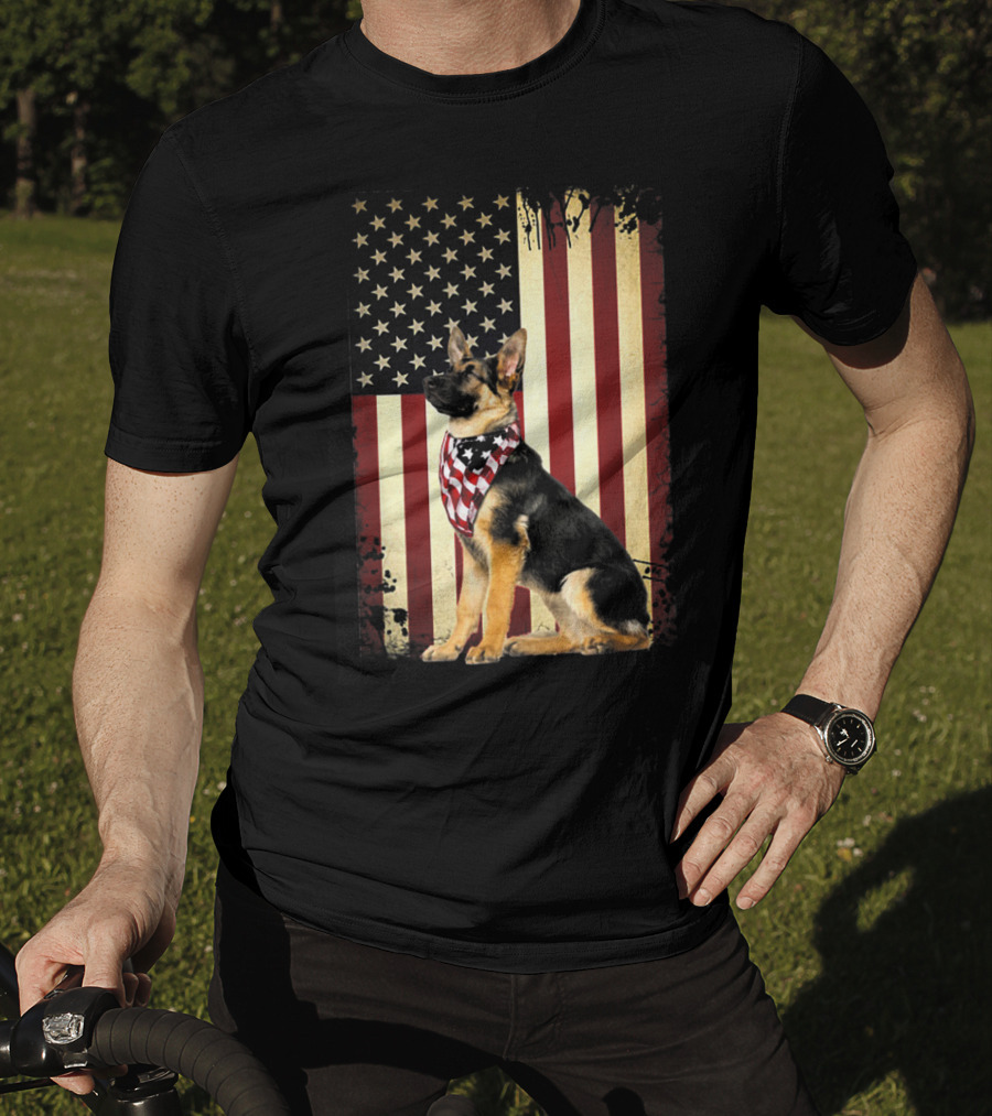 German Shepherd With American Flag Bandana In Front Of Stars And Stripes Flag T-Shirt