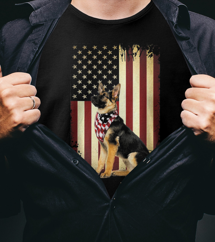 German Shepherd With American Flag Bandana In Front Of Stars And Stripes Flag T-Shirt