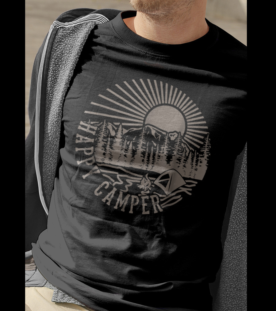Happy Camper With Tent, Trees, Mountains, And Sunburst T-Shirt