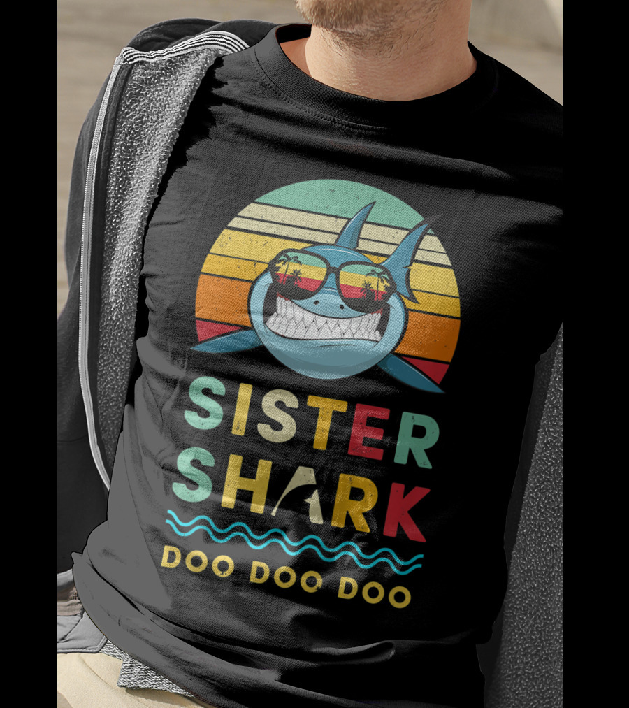 Sister Shark Doo Doo Doo Kids Toddlers Girls Retro Shark Sunglasses T-Shirt