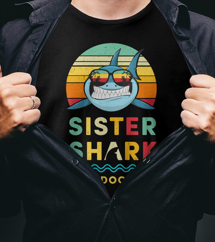 Sister Shark Doo Doo Doo Kids Toddlers Girls Retro Shark Sunglasses T-Shirt