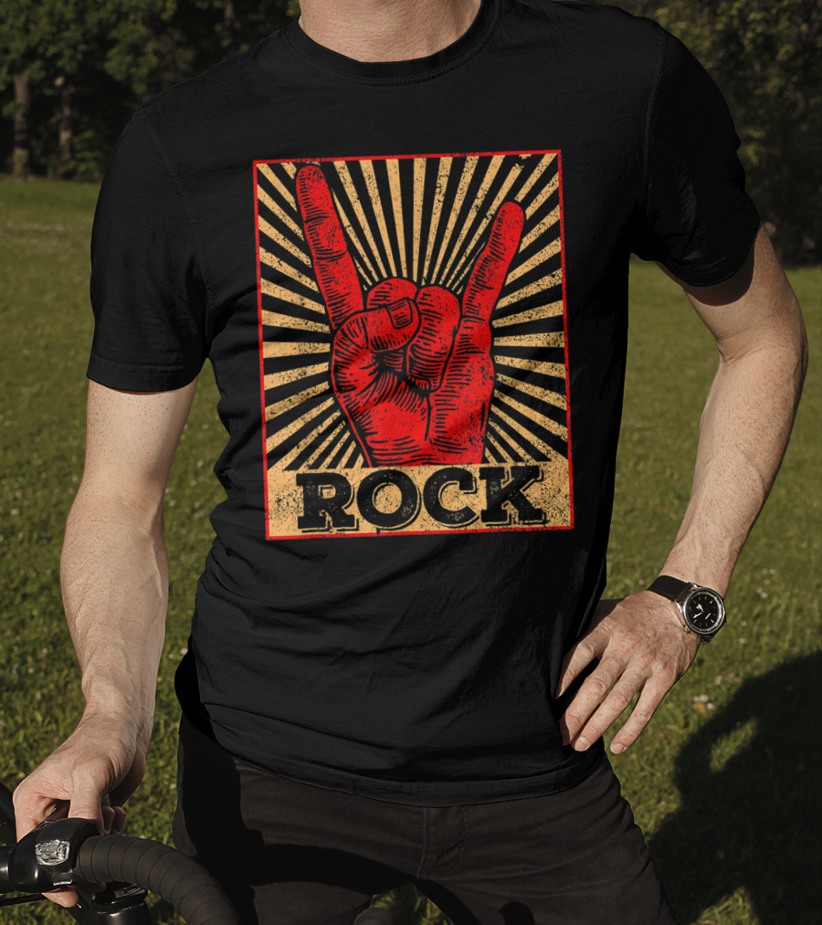 Vintage Rock N Roll Concert Band Hand Gesture Icon With Rock Text T-Shirt