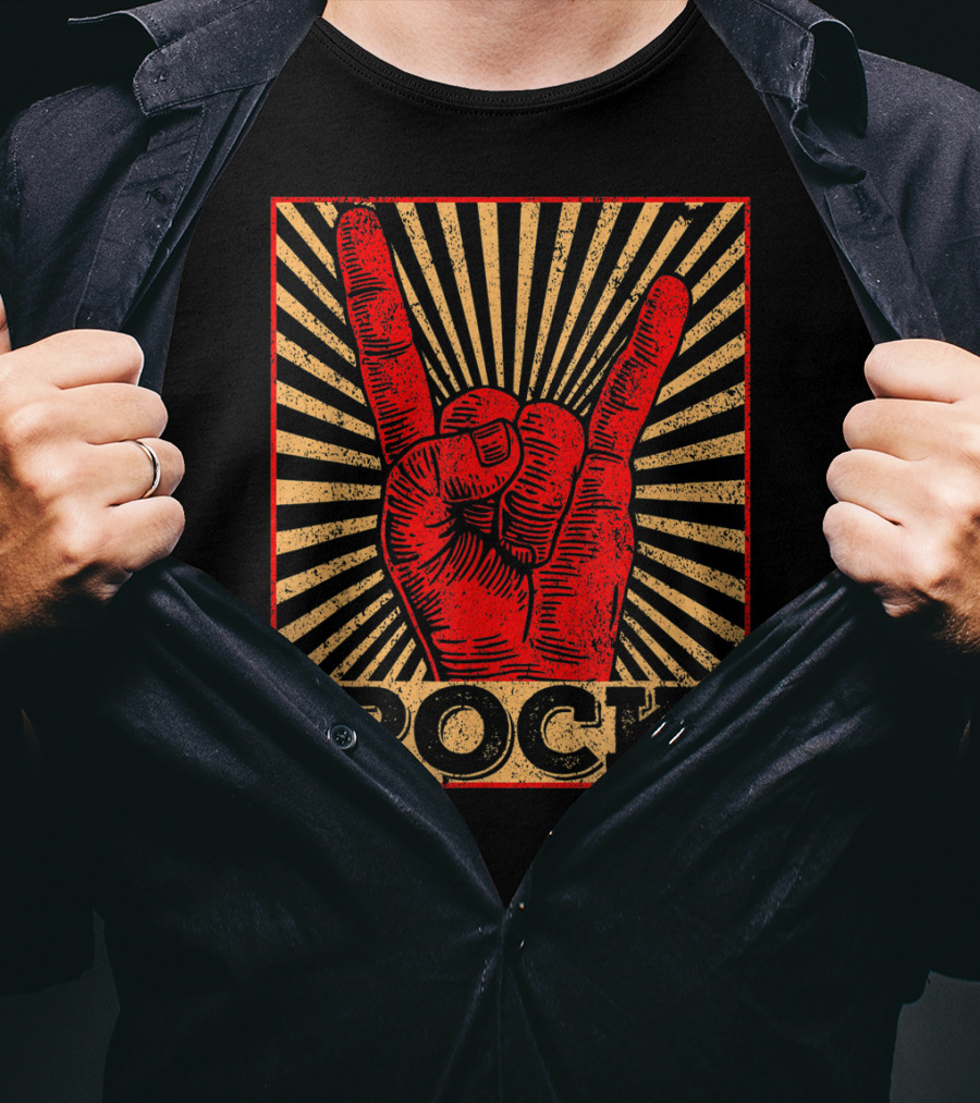 Vintage Rock N Roll Concert Band Hand Gesture Icon With Rock Text T-Shirt