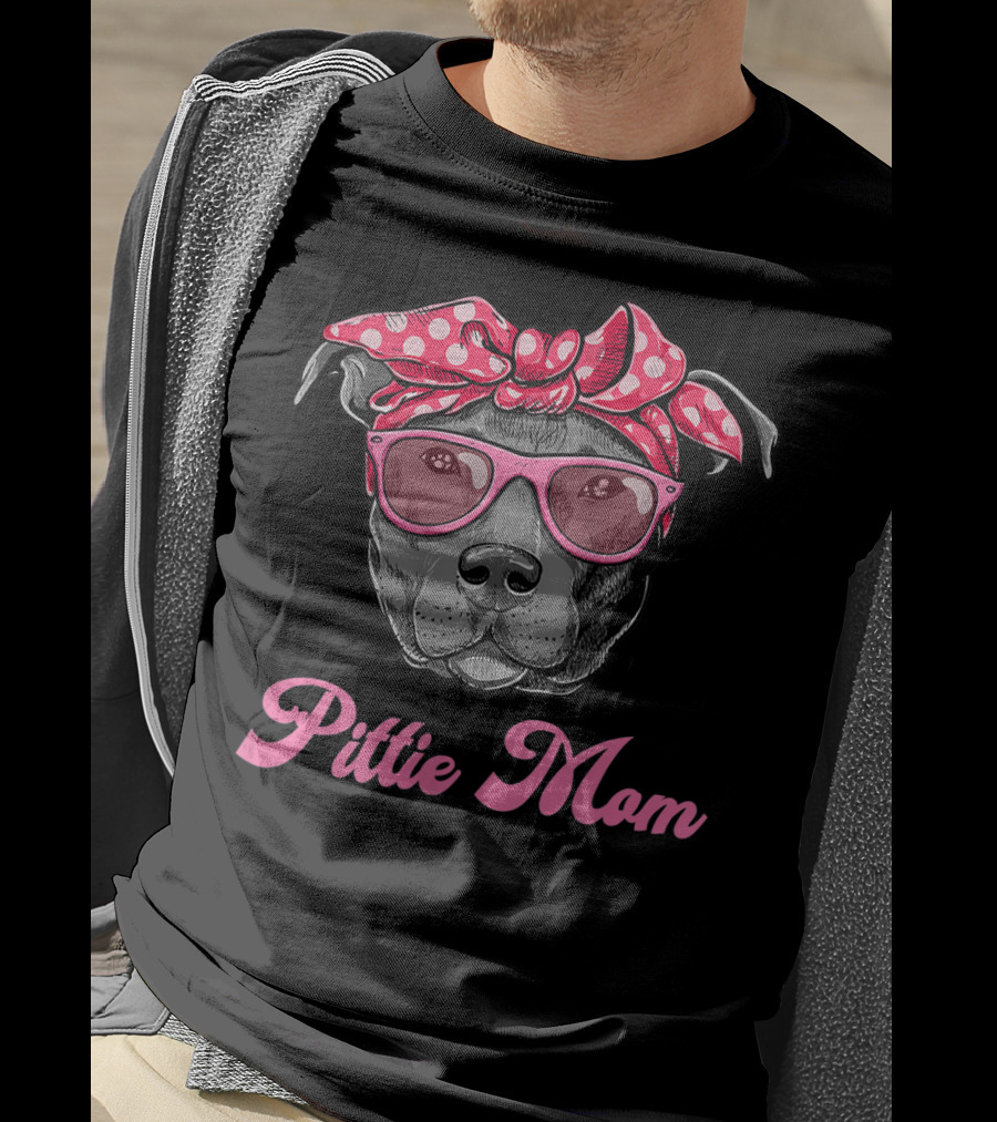 Pittie Mom Pitbull Dog With Polka Dot Bandana And Sunglasses T-Shirt