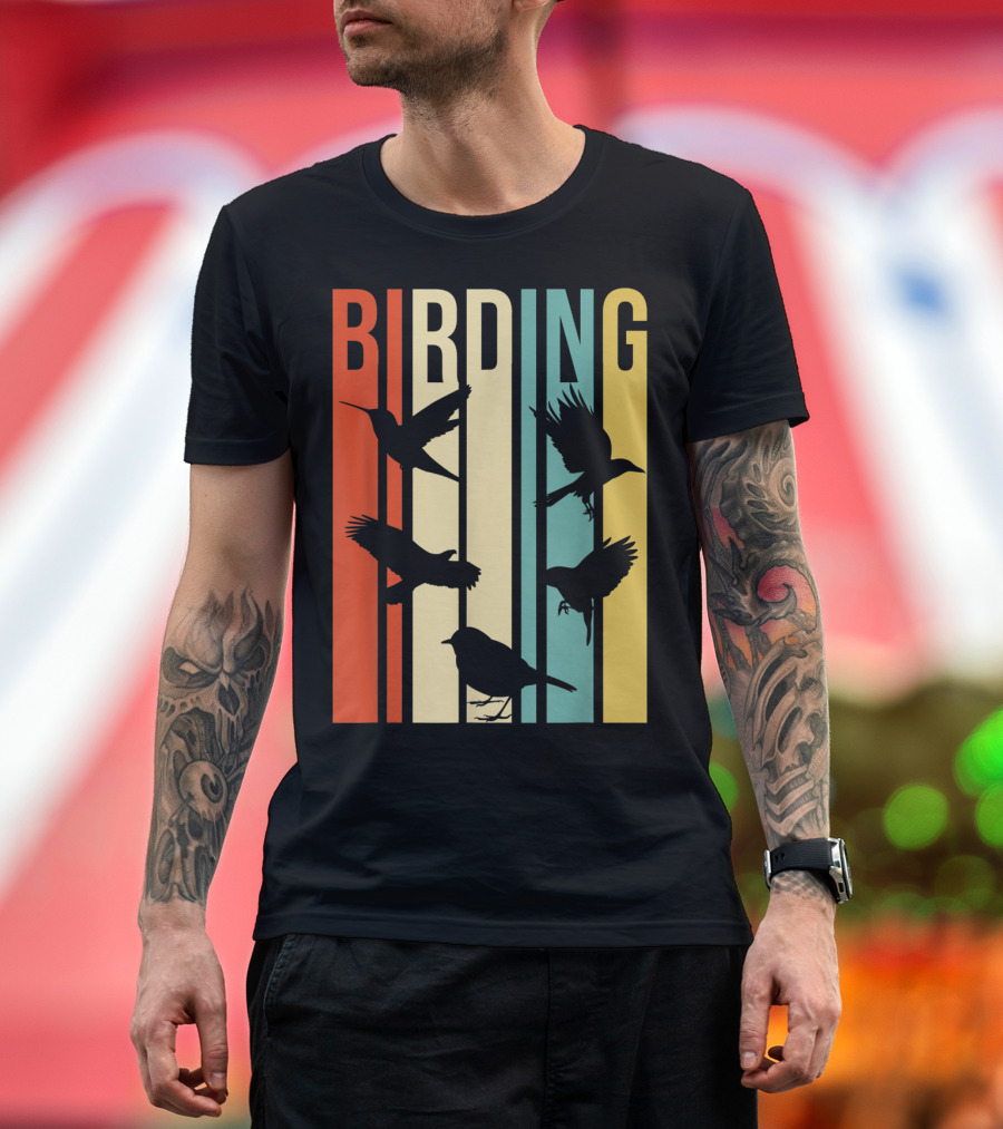 Vintage Style Birding For Birders With Silhouette Birds in Colorful Stripes T-Shirt