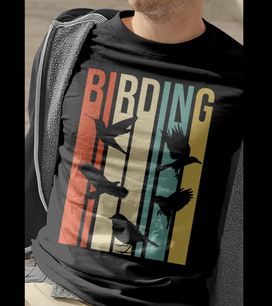Vintage Style Birding For Birders With Silhouette Birds In Colorful Stripes T-Shirt