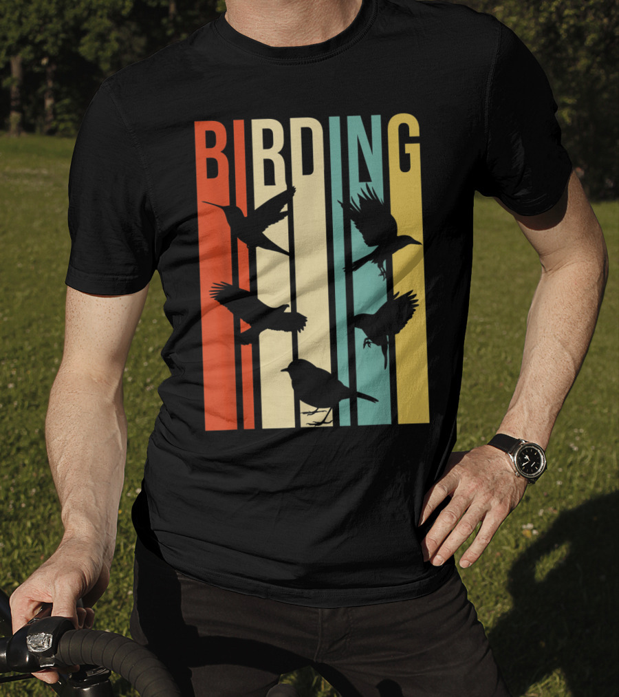 Vintage Style Birding For Birders With Silhouette Birds In Colorful Stripes T-Shirt