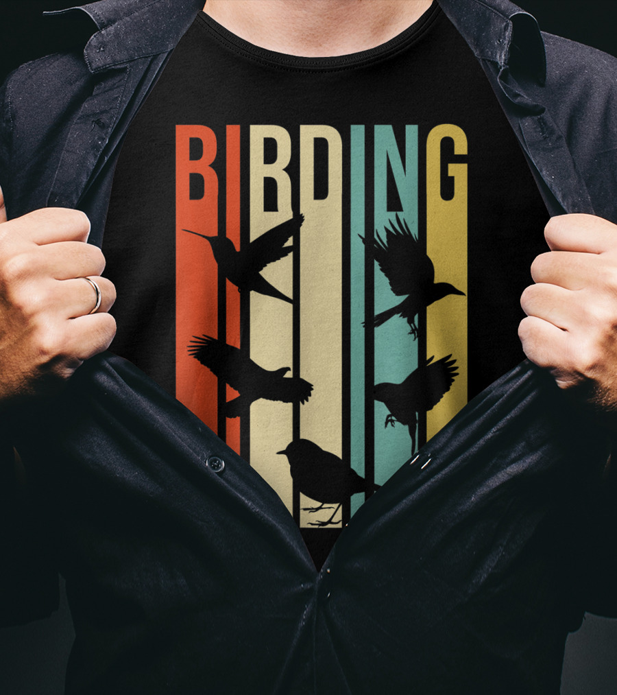 Vintage Style Birding For Birders With Silhouette Birds In Colorful Stripes T-Shirt