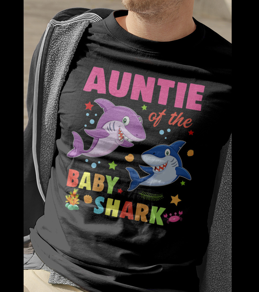 Auntie Of The Baby Shark Birthday Colorful Cartoon Sea Creatures T-Shirt