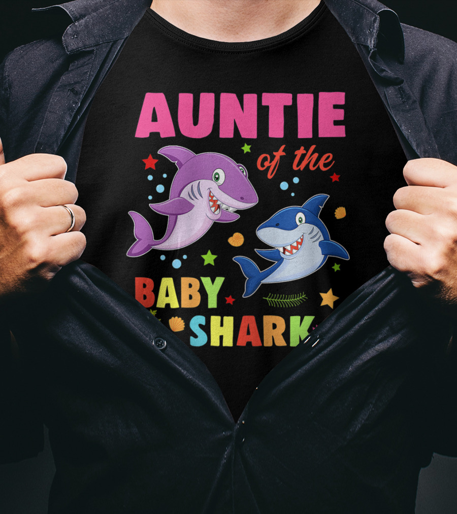Auntie Of The Baby Shark Birthday Colorful Cartoon Sea Creatures T-Shirt