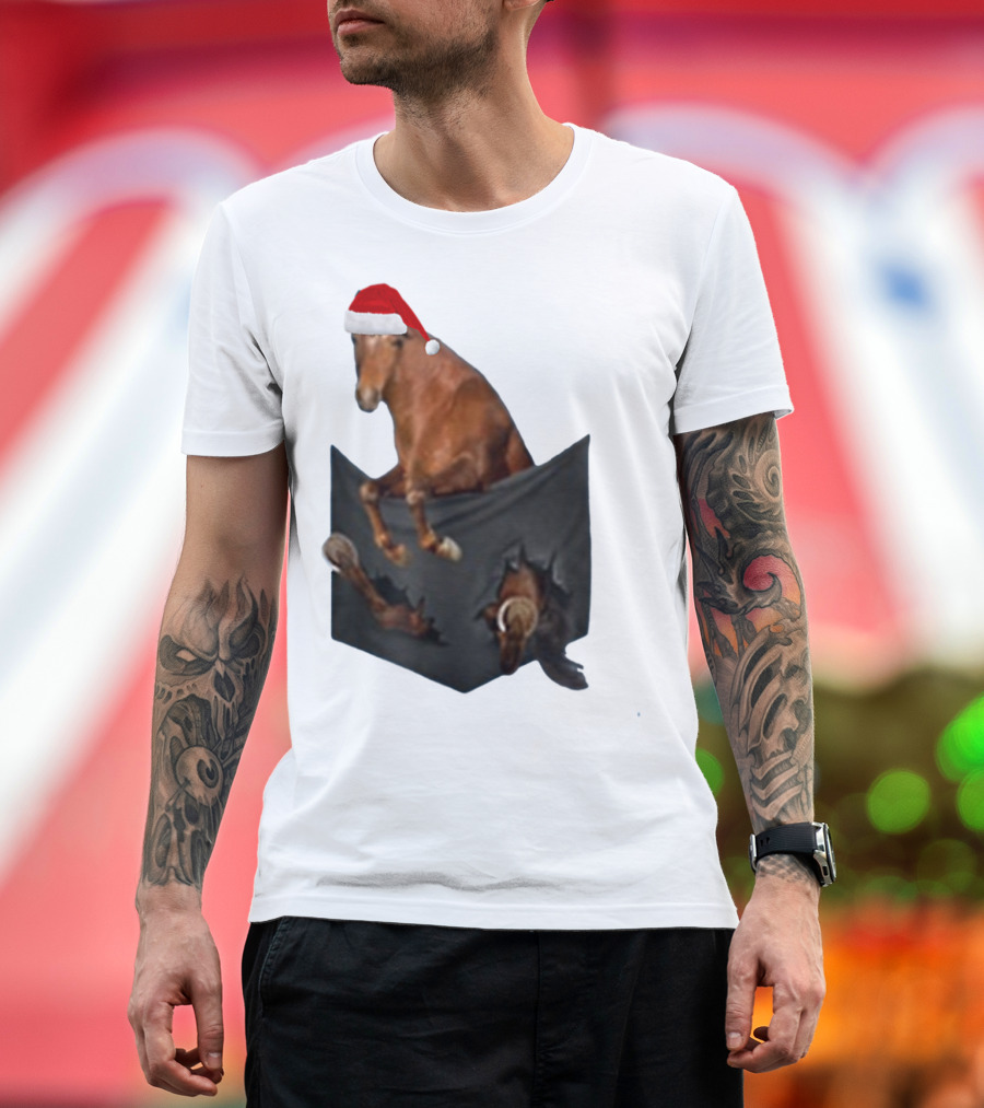 Santa Hat Criollo Horse Bursting From Pocket T-Shirt