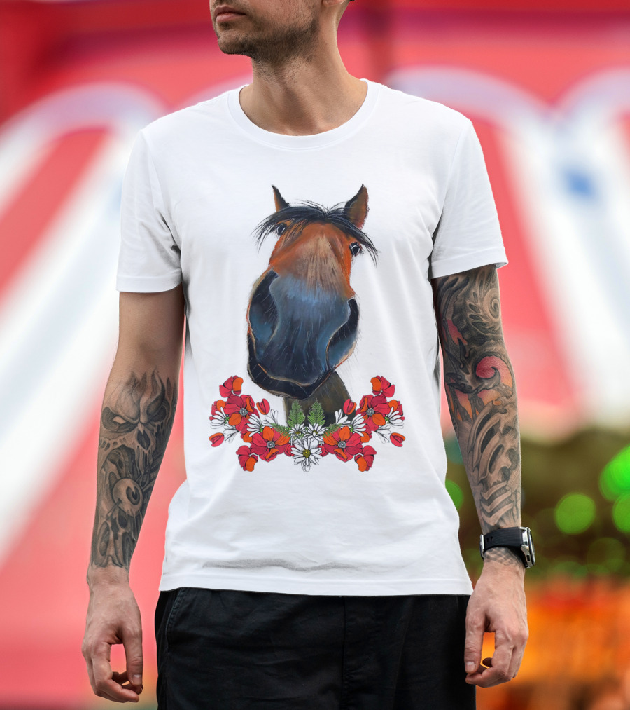 Adorable Horse With Red And White Flowers T-Shirt