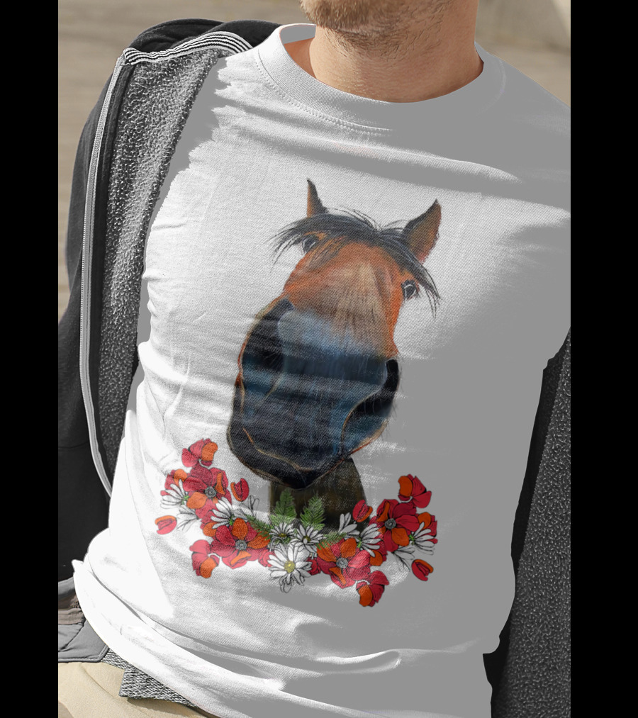 Adorable Horse With Red And White Flowers T-Shirt