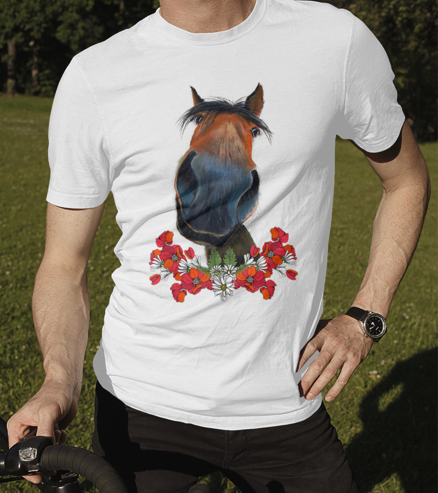 Adorable Horse With Red And White Flowers T-Shirt
