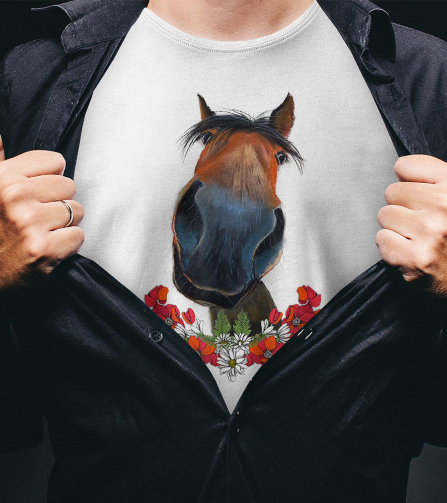 Adorable Horse With Red And White Flowers T-Shirt