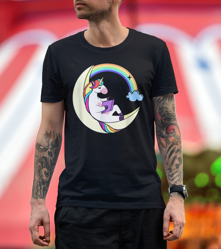 Unicorn Reading Book on Moon with Rainbow and Stars T-Shirt