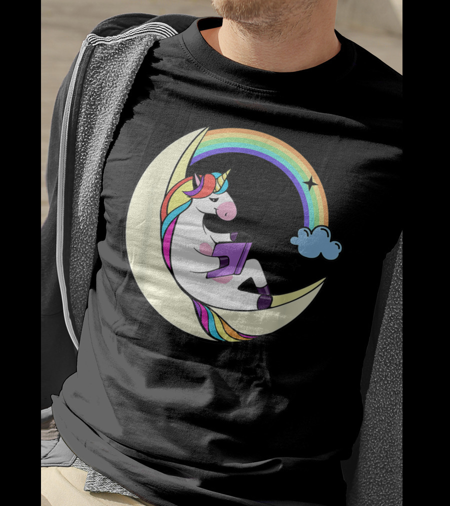 Unicorn Reading Book On Moon With Rainbow And Stars T-Shirt