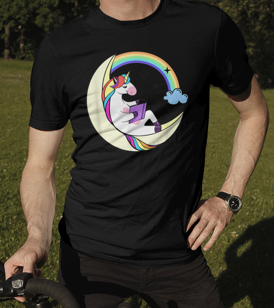 Unicorn Reading Book On Moon With Rainbow And Stars T-Shirt
