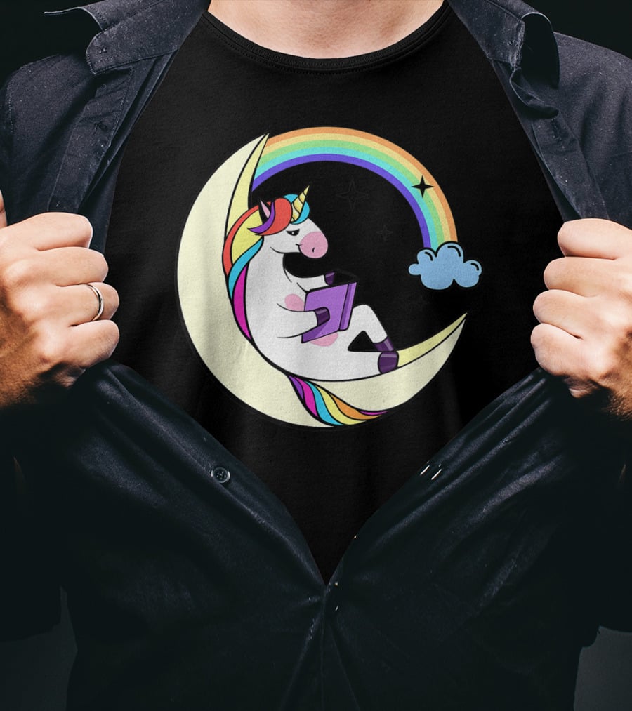 Unicorn Reading Book On Moon With Rainbow And Stars T-Shirt