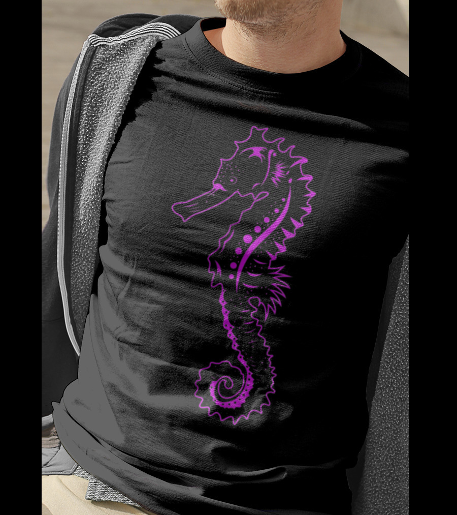 Cute Seahorse Sea Horse Neon Purple Black Sea Creature T-Shirt