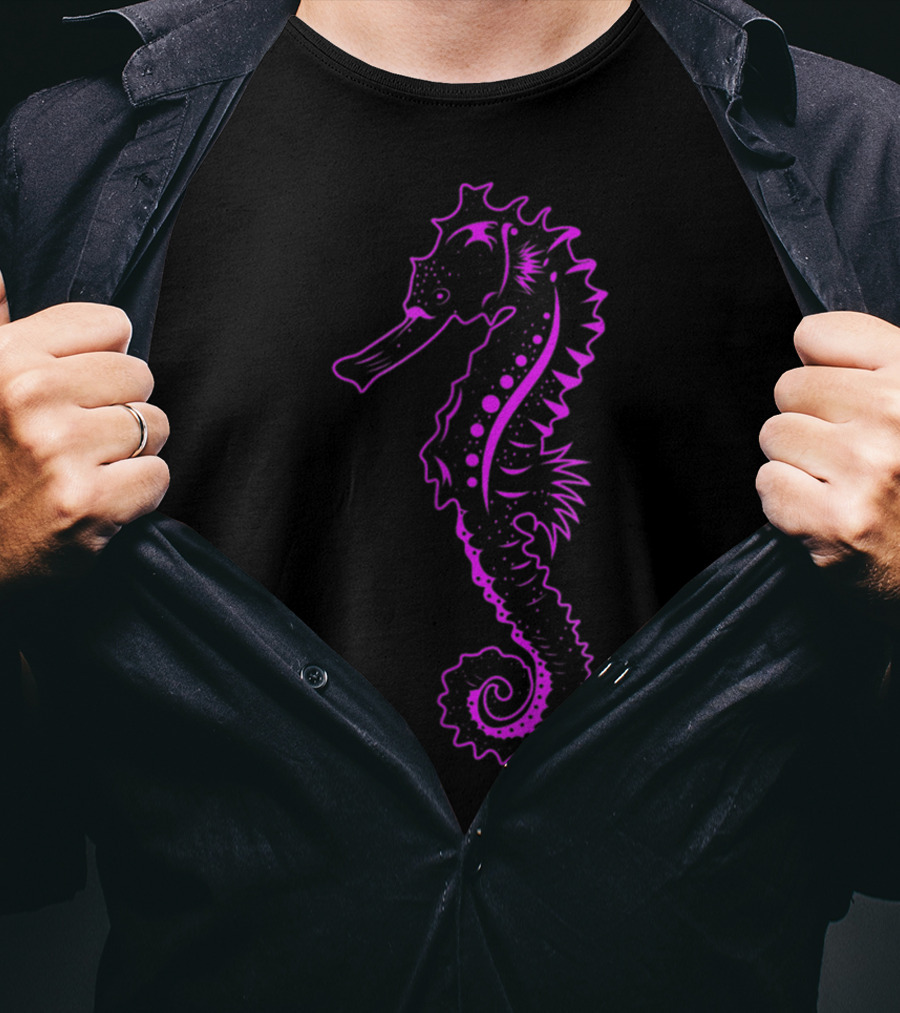Cute Seahorse Sea Horse Neon Purple Black Sea Creature T-Shirt
