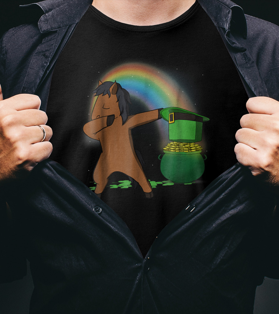 Dabbing Horse Leprechaun With Pot Of Gold And Rainbow T-Shirt