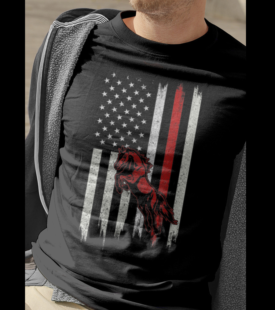 Distressed American Flag With Red Horse T-Shirt
