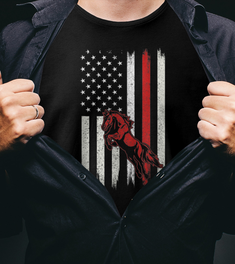 Distressed American Flag With Red Horse T-Shirt
